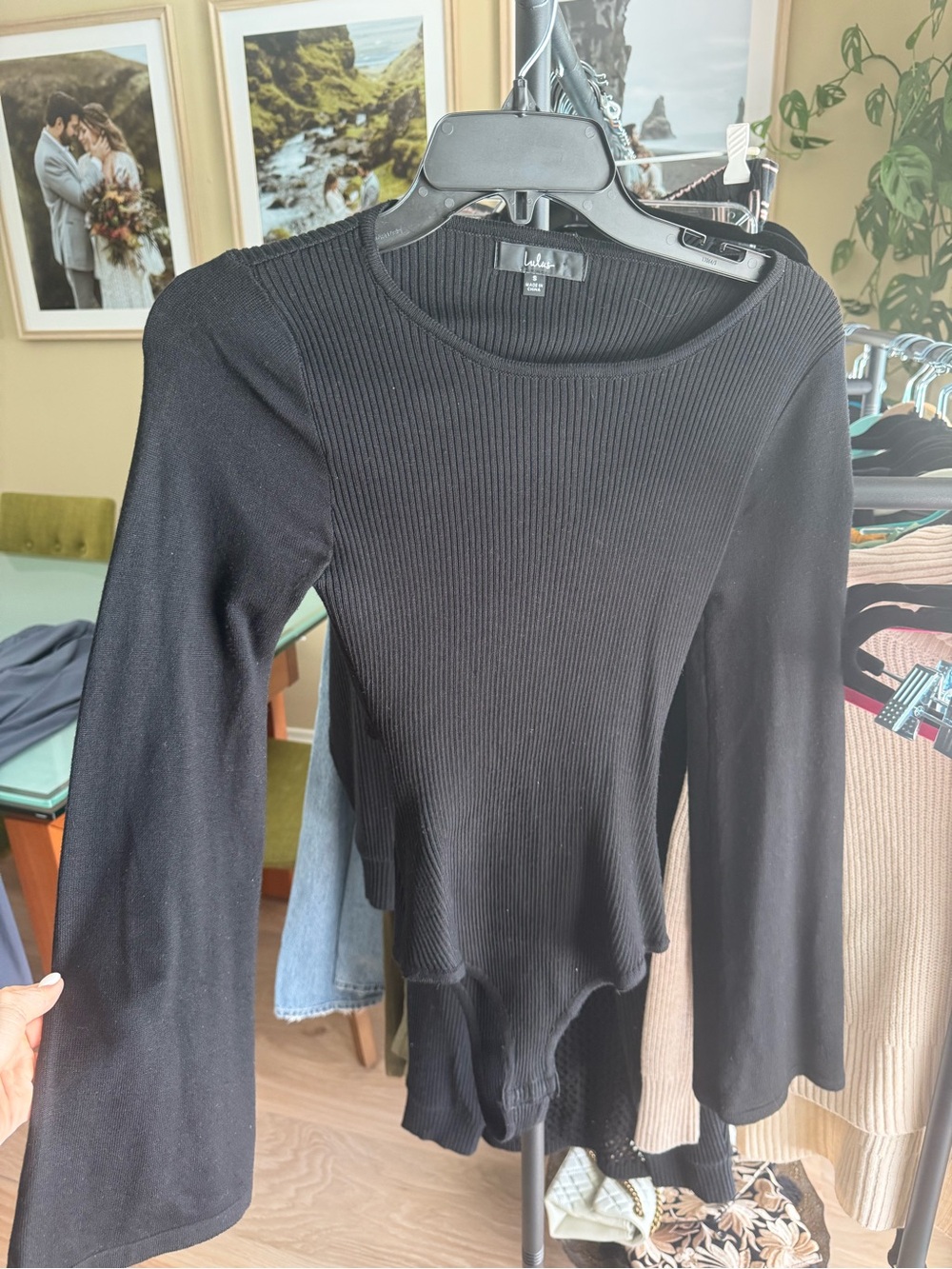 Lulu's Black Ribbed Long-Sleeve Scoop Neck Bodysuit